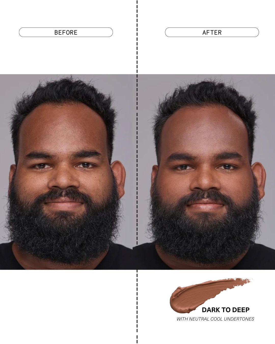 Side-by-side images of a model before and after applying The MATTERfying Foundation in Shade 30 Fate. The &