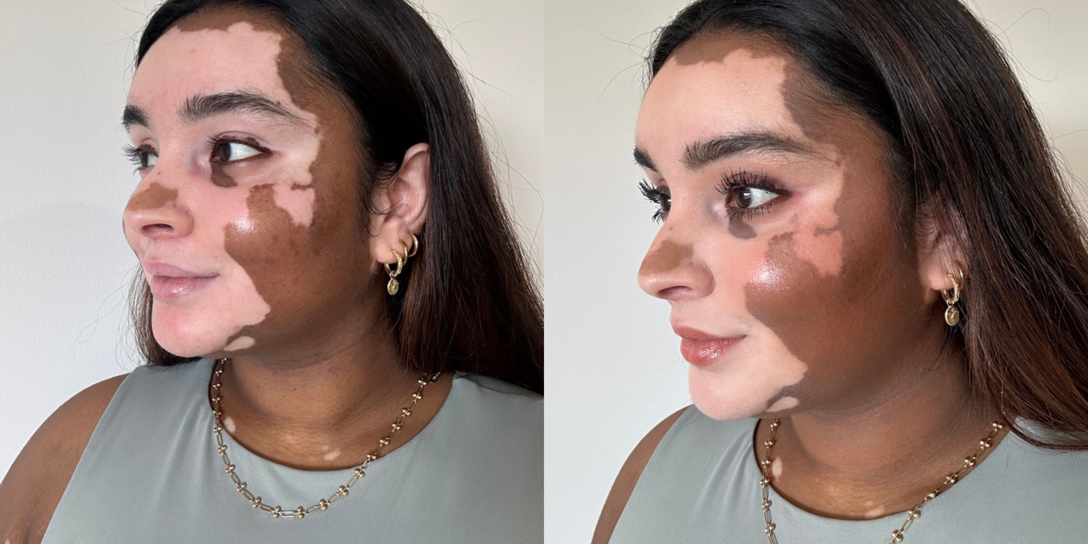 Side-by-side images of a model before and after applying The MATTERfying Foundation in Shade 30 Fate. The &