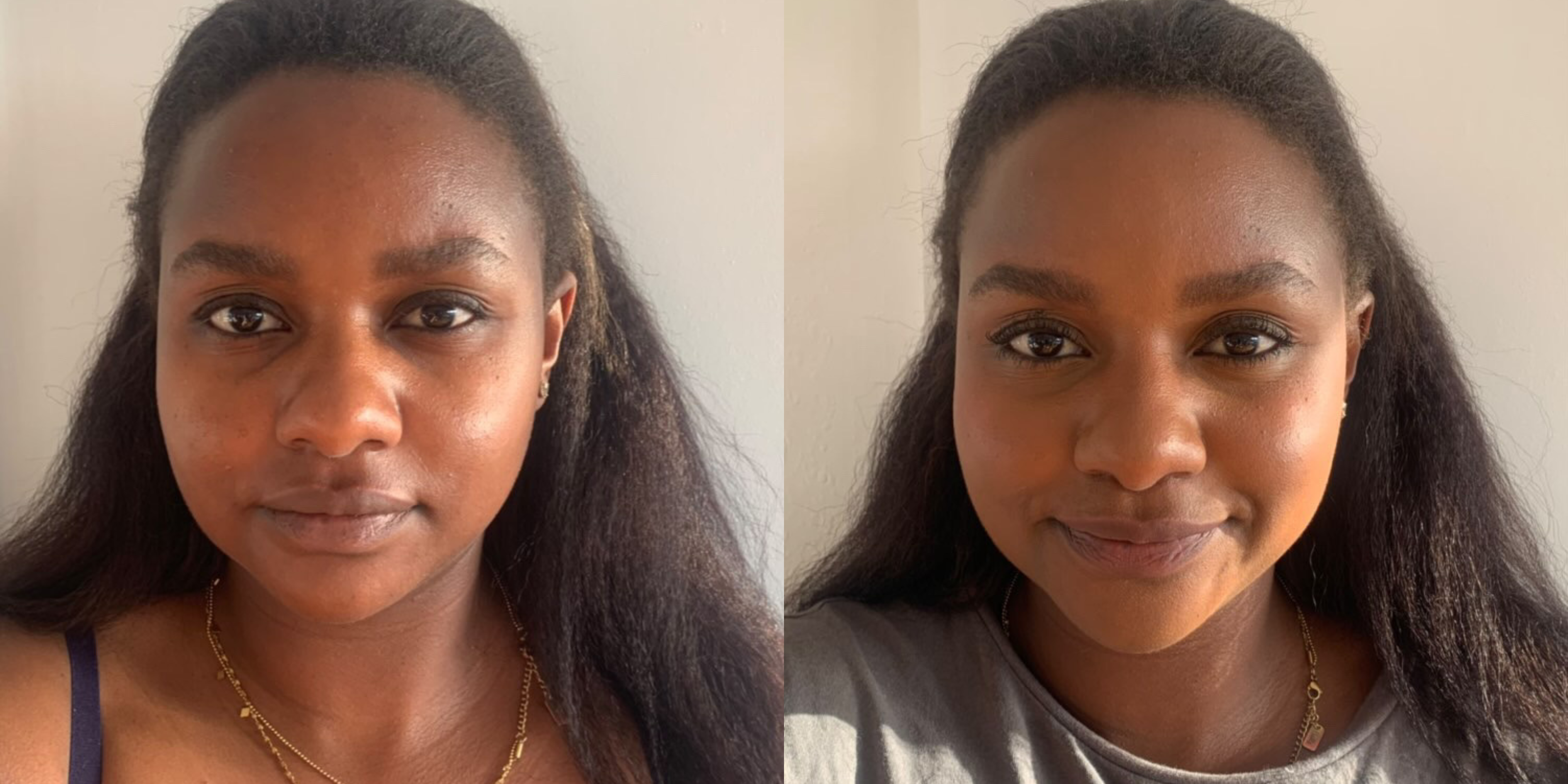 Side-by-side images of a model before and after applying The MATTERfying Foundation in Shade 30 Fate. The &