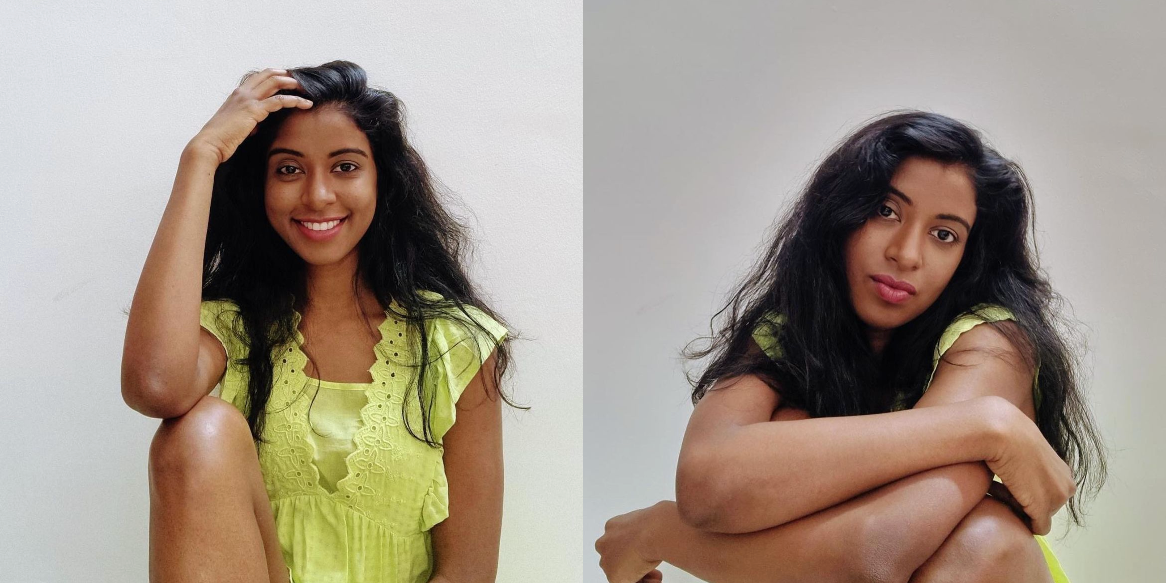 Side-by-side images of a model with medium skin and neutral undertones. The &