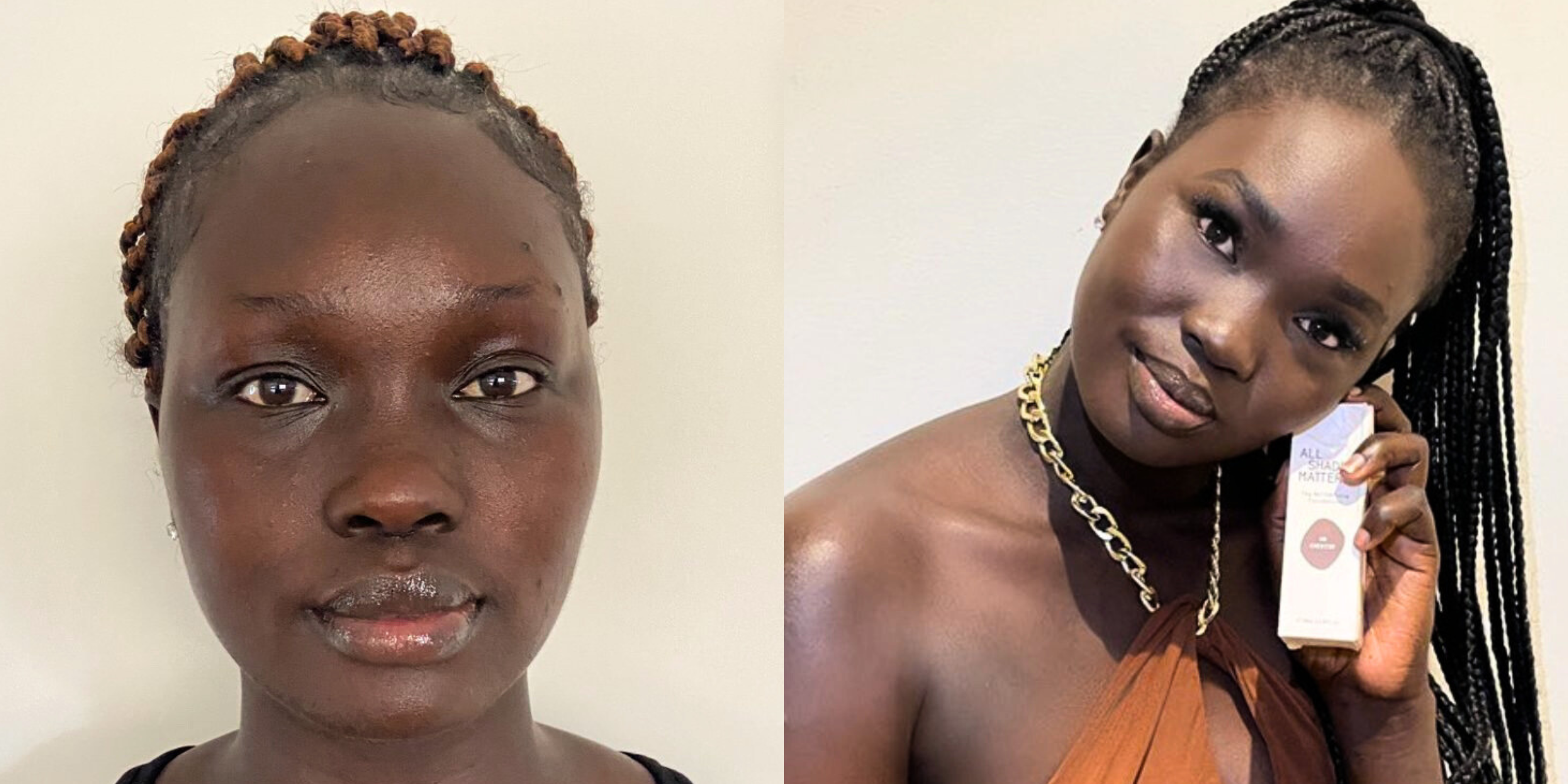 Side-by-side images of a model before and after applying The MATTERfying Foundation in Shade 40 Cherish. The &