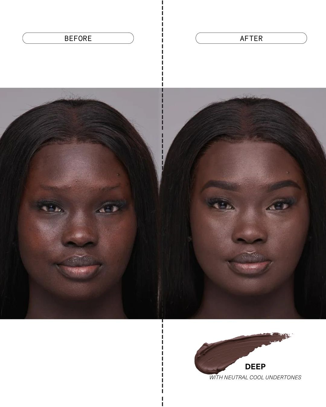 Side-by-side images of a model before and after applying The MATTERfying Foundation in Shade 40 Cherish. The &