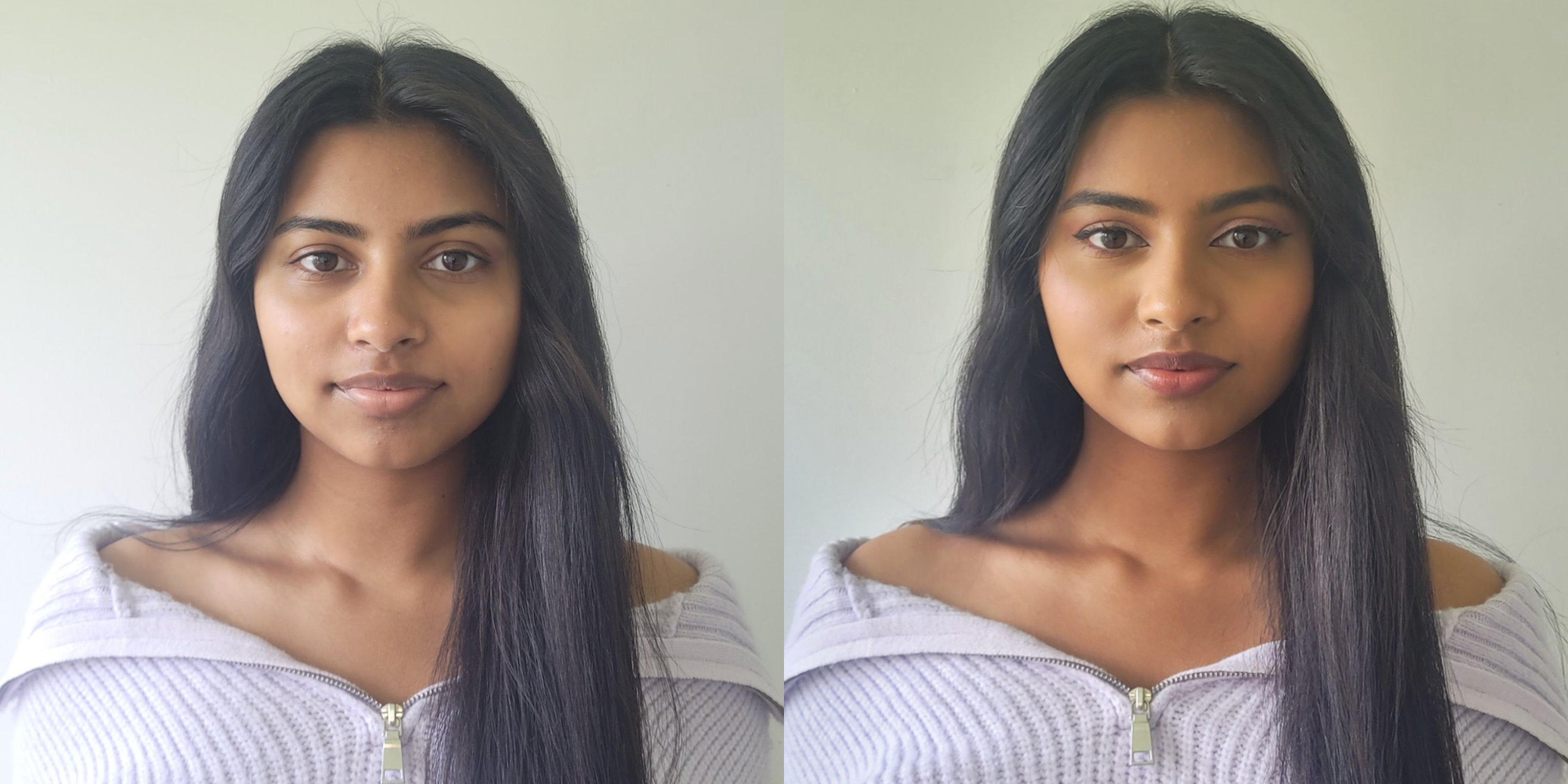 Side-by-side images of a model before and after applying The MATTERfying Foundation in Shade 10 Bliss. The &