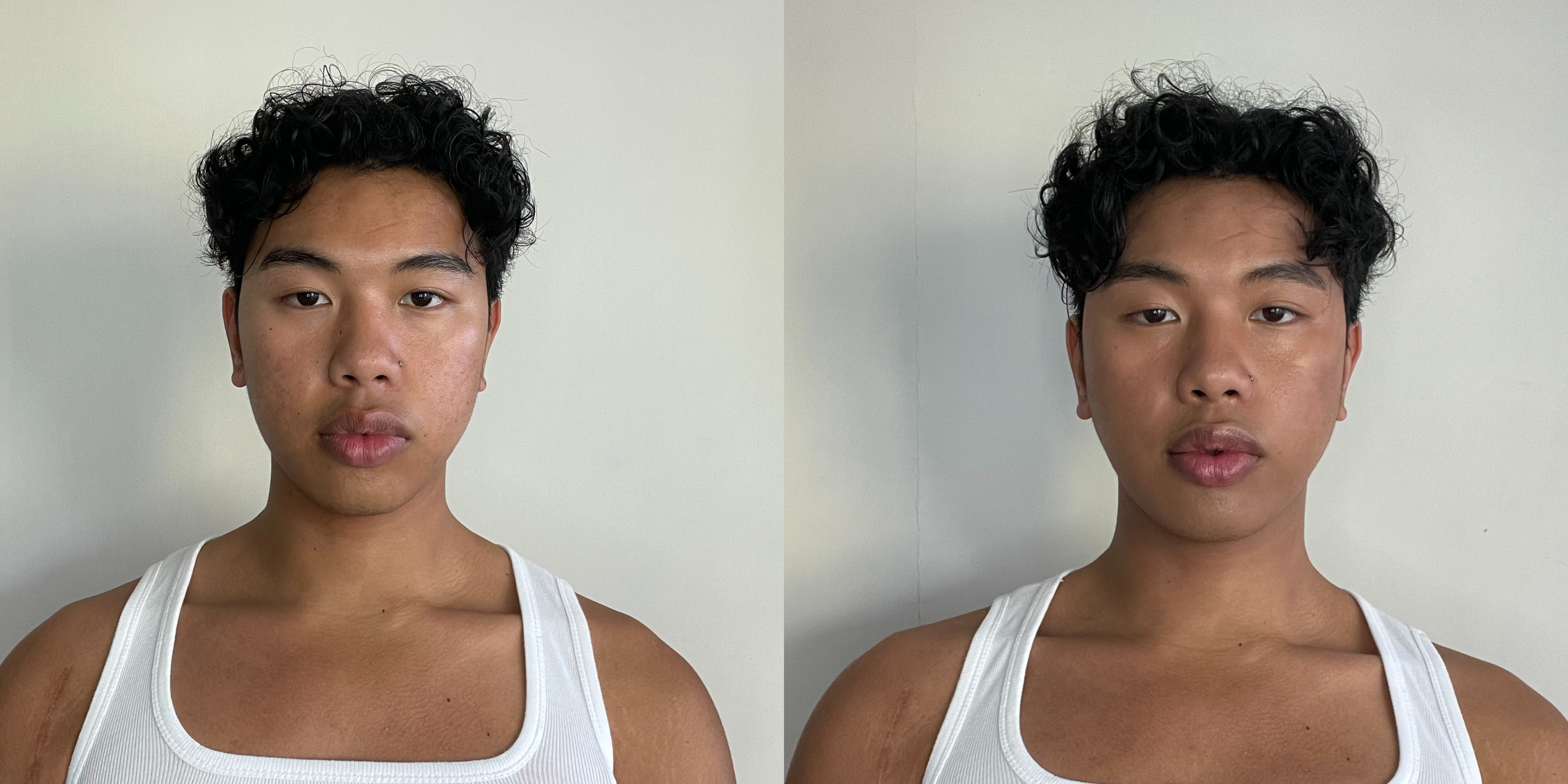 Side-by-side images of a model before and after applying The MATTERfying Foundation in Shade 10 Bliss. The &