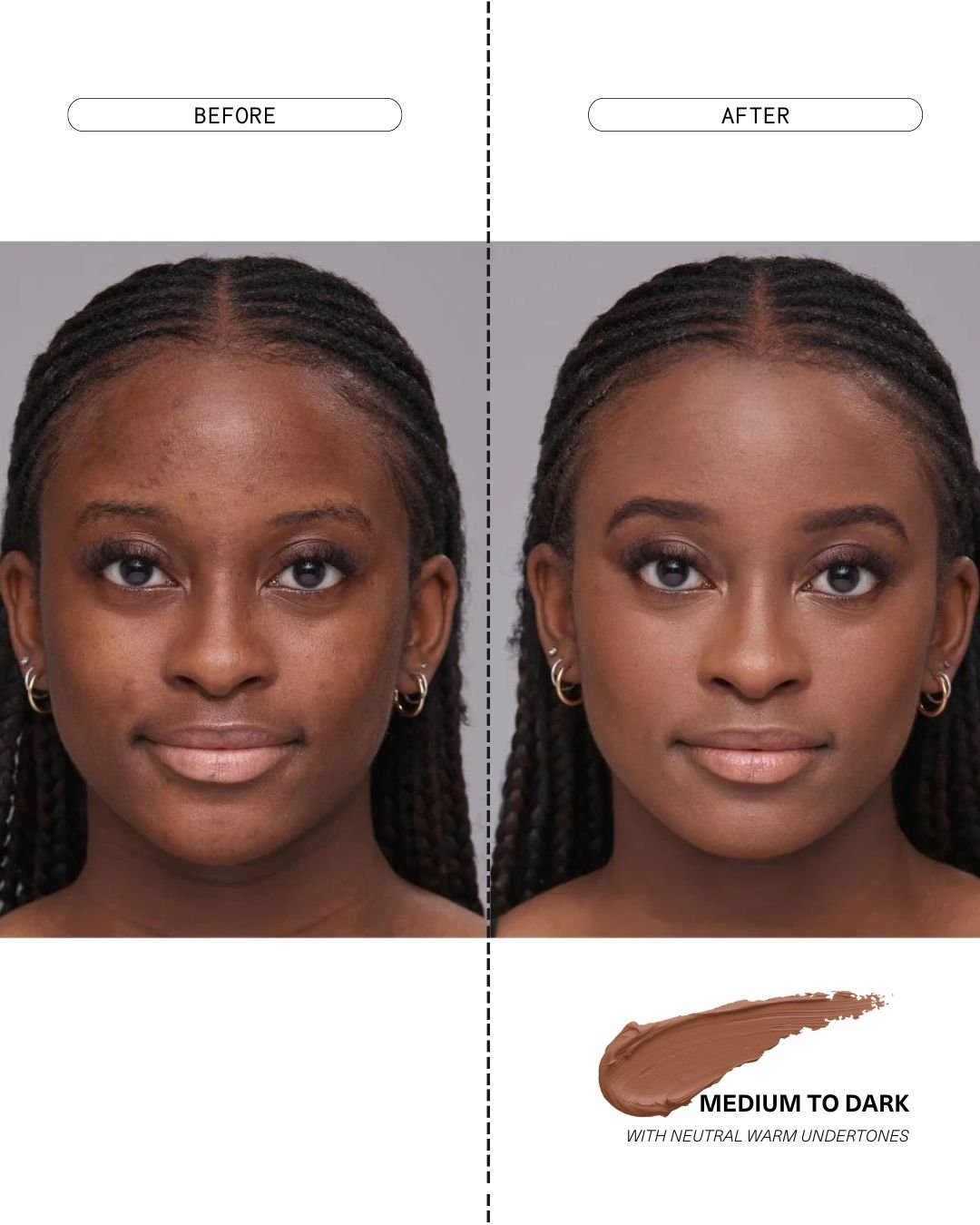Before and after images demonstrating coverage of The MATTERfying Foundation 20 Captivate