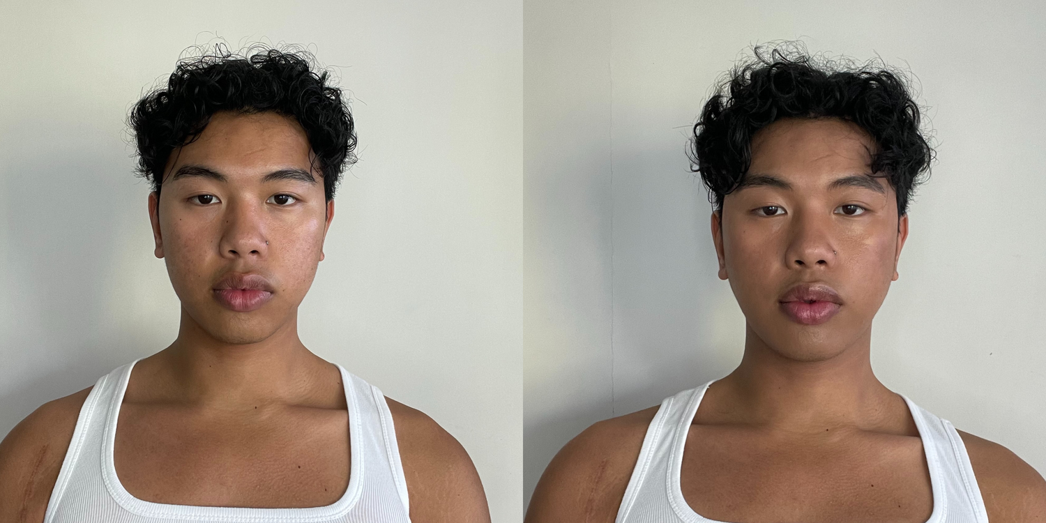 Side-by-side images of a model before and after applying The MATTERfying Foundation in Shade 10 Bliss. The &